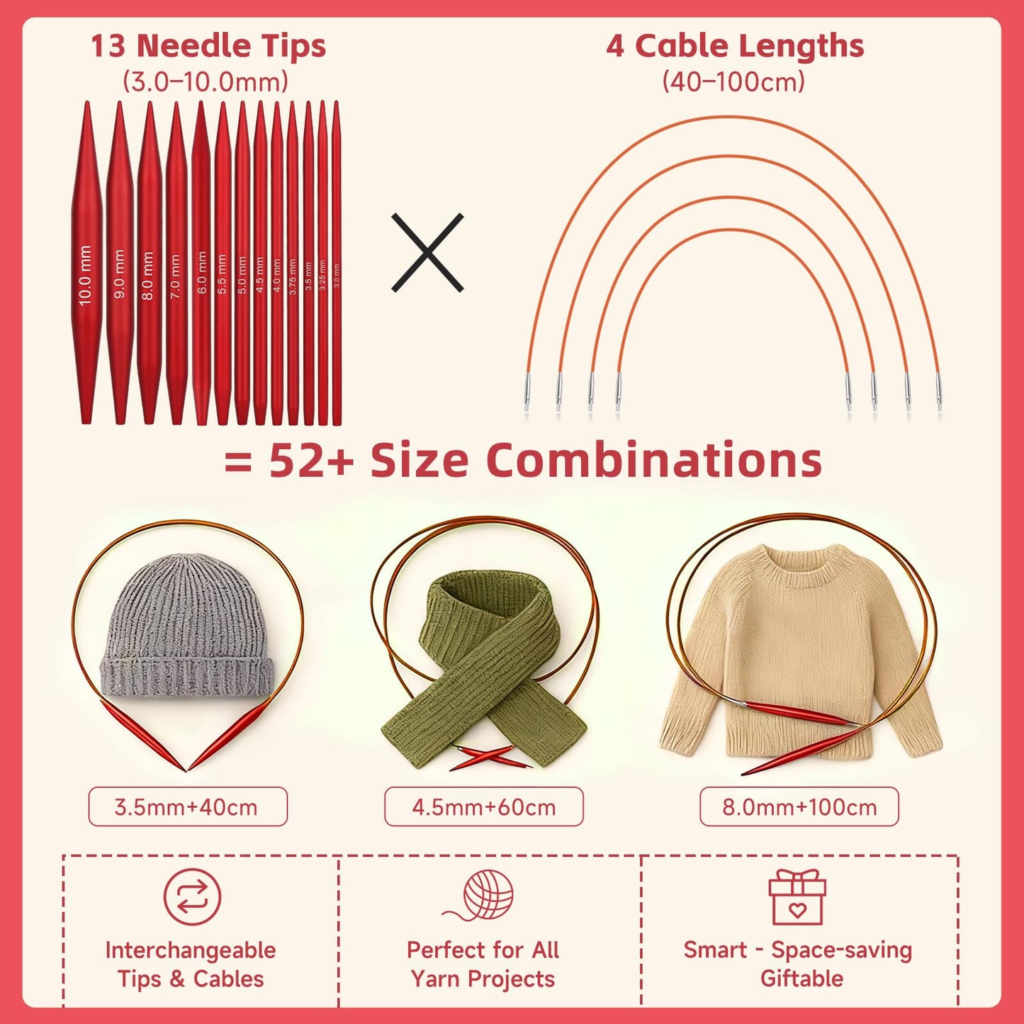 Interchangeable Circular Knitting Needles Set, 13 Pairs (26pcs) Matte Red Aluminum Knitting Needles Kit, Sizes 3.0mm–10.0mm, Knitting Needle Case & Accessories for Knitting Beginners & Advanced