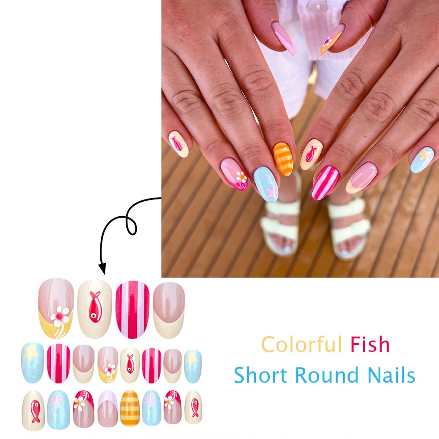 Flowers French Tip Press on Nails Medium Almond False Nails with Cute Little Fish Stripe Design Full Cover Glue on Nail Summer Reusable Acrylic Fake Nails Glossy Artificial Stick on Nail for Women