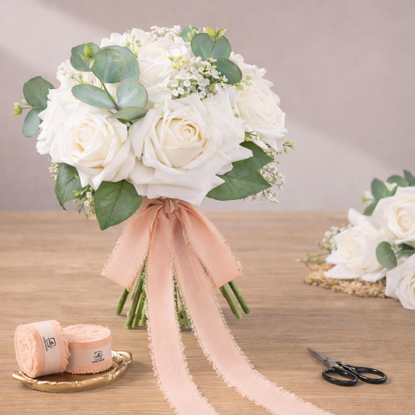 DORIS HOME Pink and Cream Chiffon Ribbon for Flower Bouquet, 1" x21Yd Fabric Ribbon for Gift Wrapping, Handmade Frayed Ribbon for Wedding Invitations/Christmas Decorations