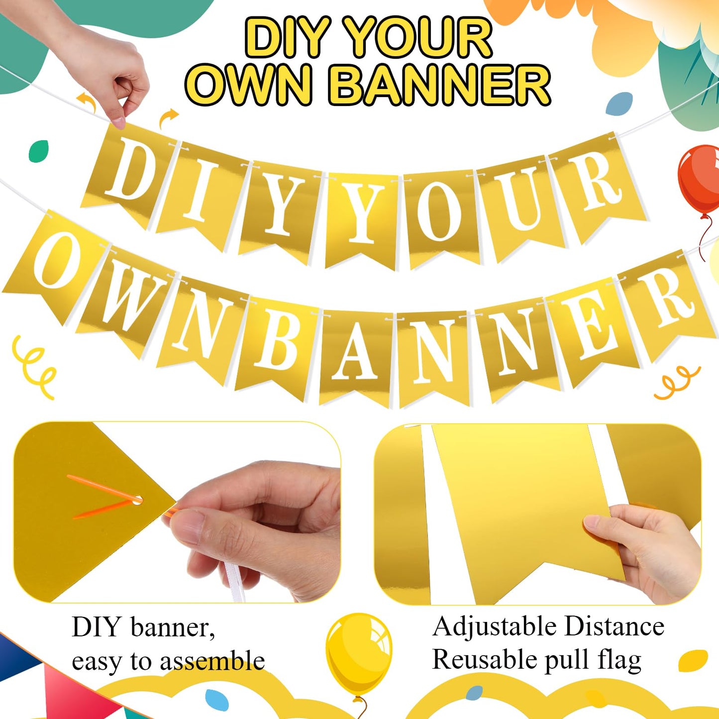 Mooliwe 171 Pcs DIY Custom Banner Kit Make Your Own Customizable Sign for Birthday Wedding Party Decoration Include 20 Paper Pennant 148 Letters and Numbers Rope Threading Device(Mirror Gold)