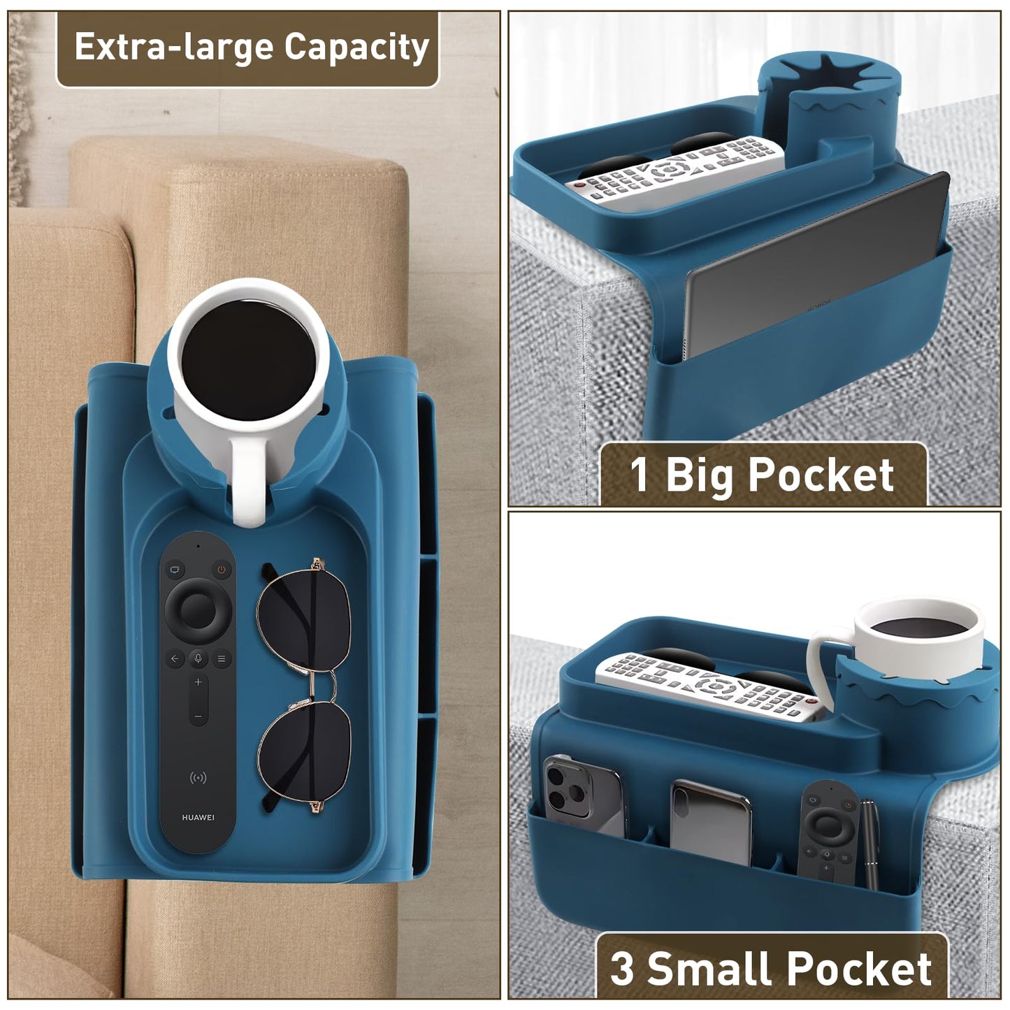 CENELO Silicone Couch Cup Holder - Anti-Slip Sofa Armrest Tray with Cup Holder & 4 Pockets, Large Size Foldable Couch Arm Tray for Cup, Snack, Phone, Tablet, Remote Control, Gifts for Mom Dad
