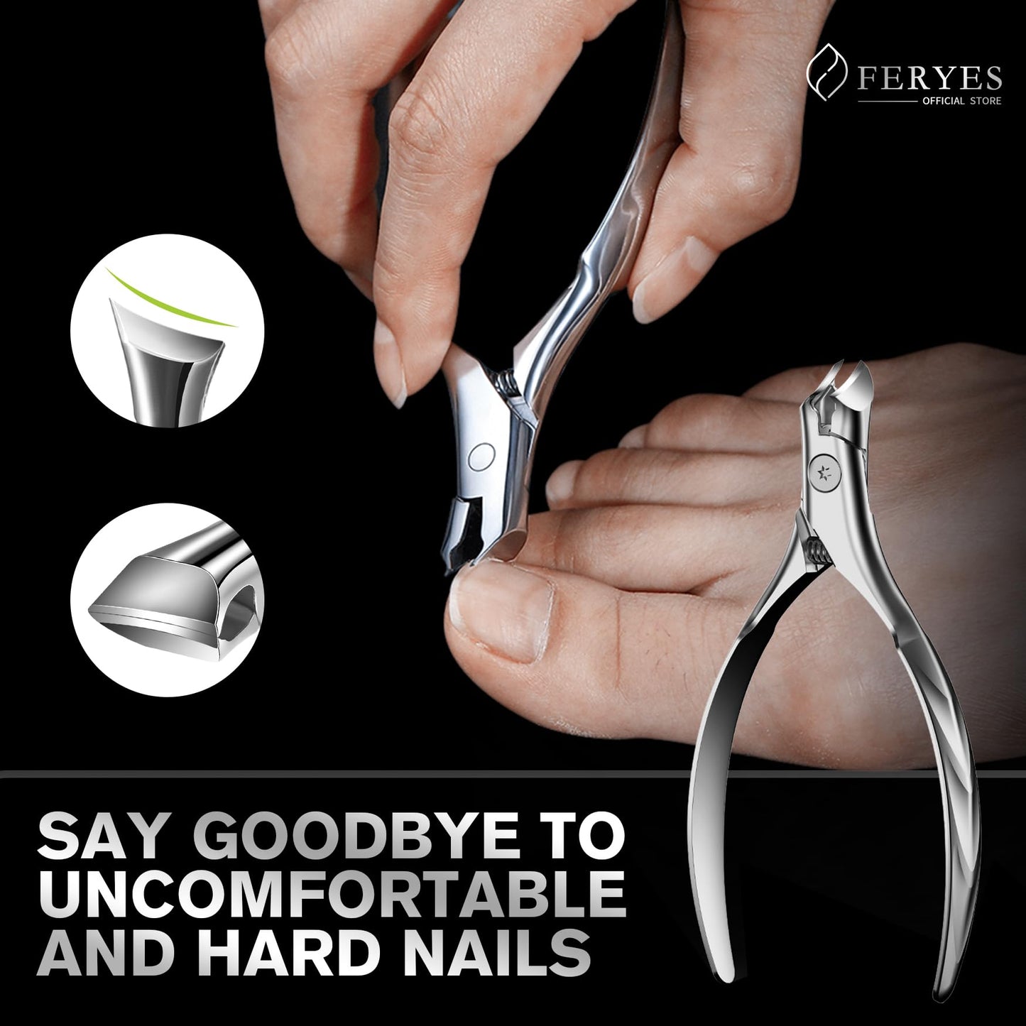FERYES 5PCS Toenail Clippers Long Handle Clipper for Thick Nails, Straight Blade Clipper for Ingrown Nails, 360° Rotating Jaw Nail Clipper, Cuticle Fork, and Nail File