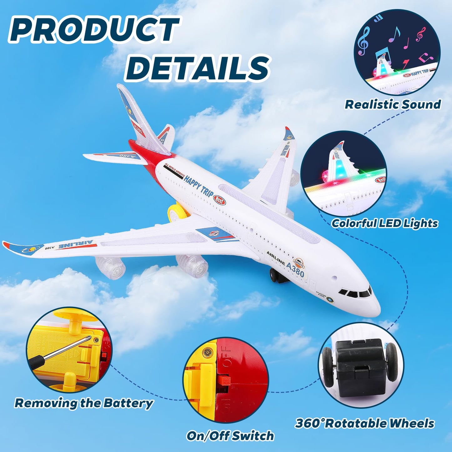AtomDream Tech Bump and Go Airplane Toy with 4D Lights & Sounds, Realistic Moving Plane with Automatic Direction Change, Interactive Aircraft Toy for Boys & Girls Ages 3–12, (Red)