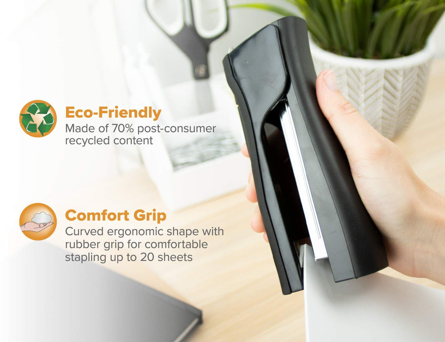 Bostitch Office Eco-Friendly Dynamo 4 in 1 Standup Stapler, Includes 420 Staples, 20 Sheet Capacity, Integrated Pencil Sharpener, Staple Remover & Staple Storage, Black