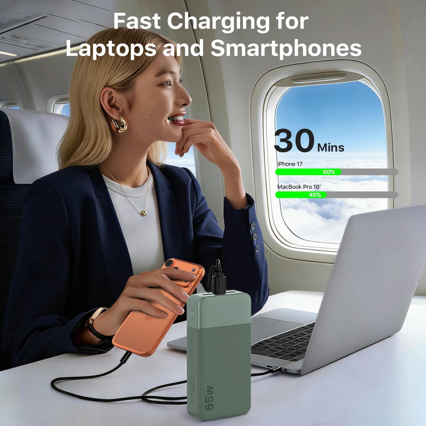 NOBIS 20000mAh Battery Pack Power Bank 65W Power Bank, Portable Charger with Digital Display, Dual USB-C/USB-A Fast Charging for Laptop, Phone, Tablet, Travel-Friendly External Battery Pack