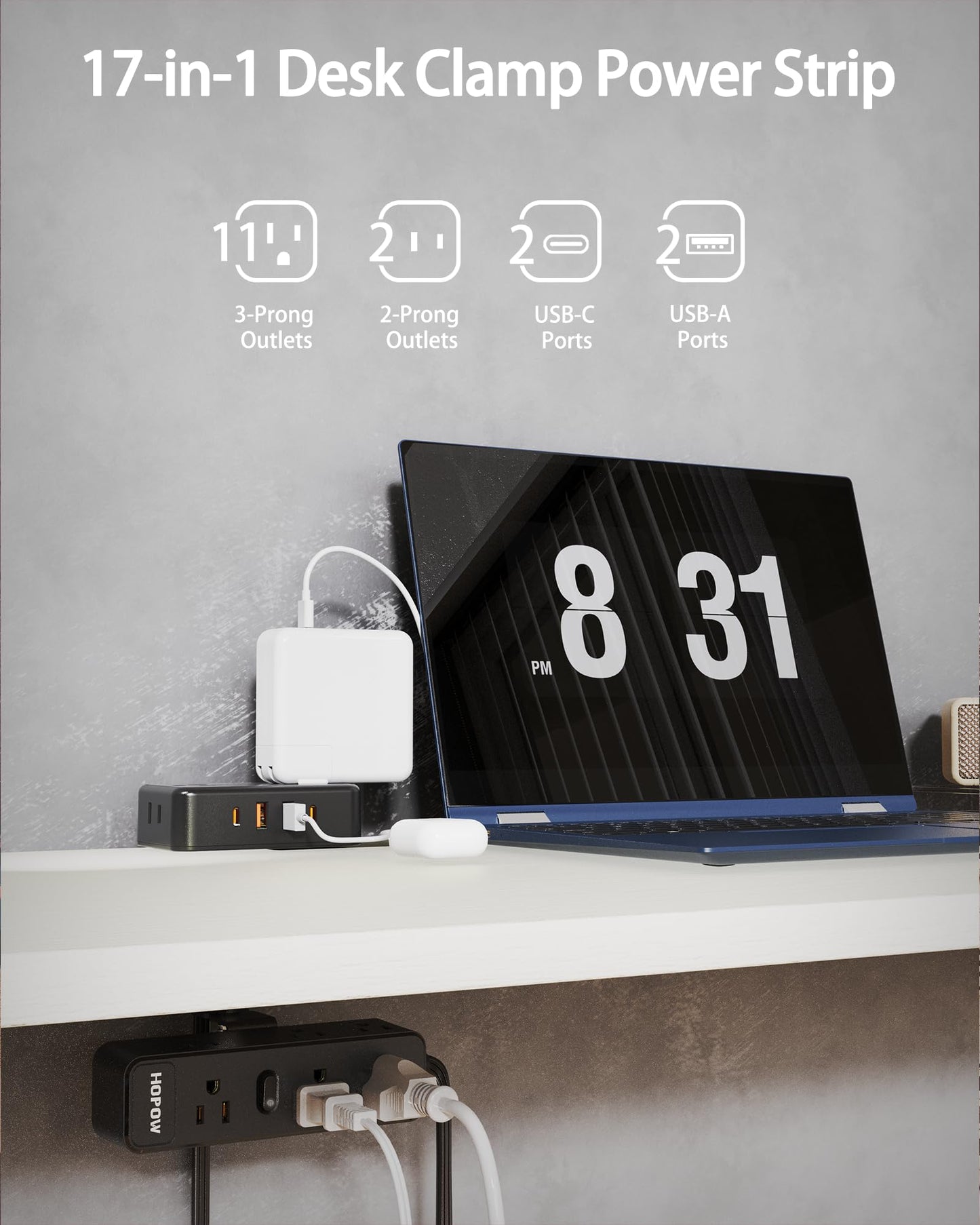 HOPOW Dual Layer Desk Clamp Power Strip, Desktop Edge Mount Charging Station with 13 Outlets 4 USB Ports (2 USB C), Under Desk Surge Protector(1700 Joules), 10 Ft Extension Cord for Office Home