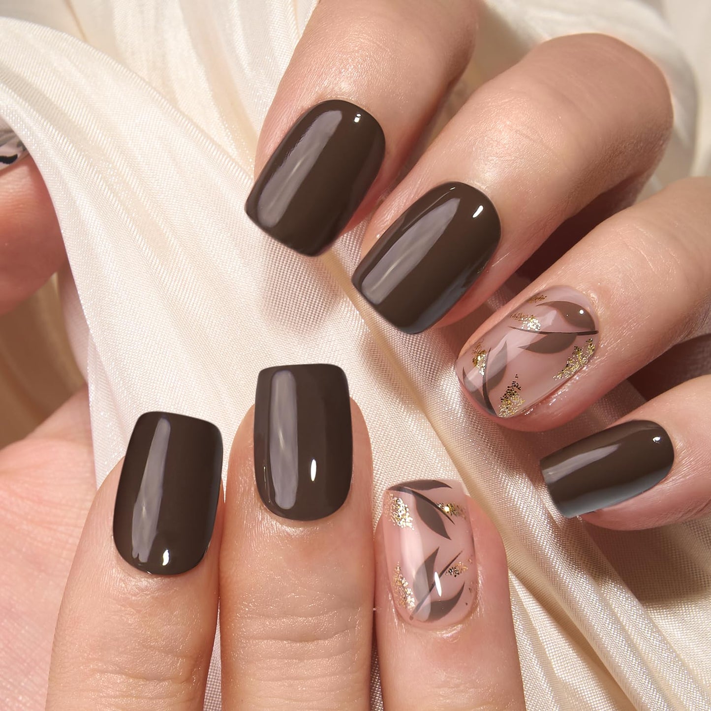 Curvlife 30pcs Press on Nails, Soft Gel Fake Nail with Botanical Brown Short Square Apricot Design, Full Cover False Nails Tips Glossy Nude Glue on Nails Artificial Stick on Nails for Women