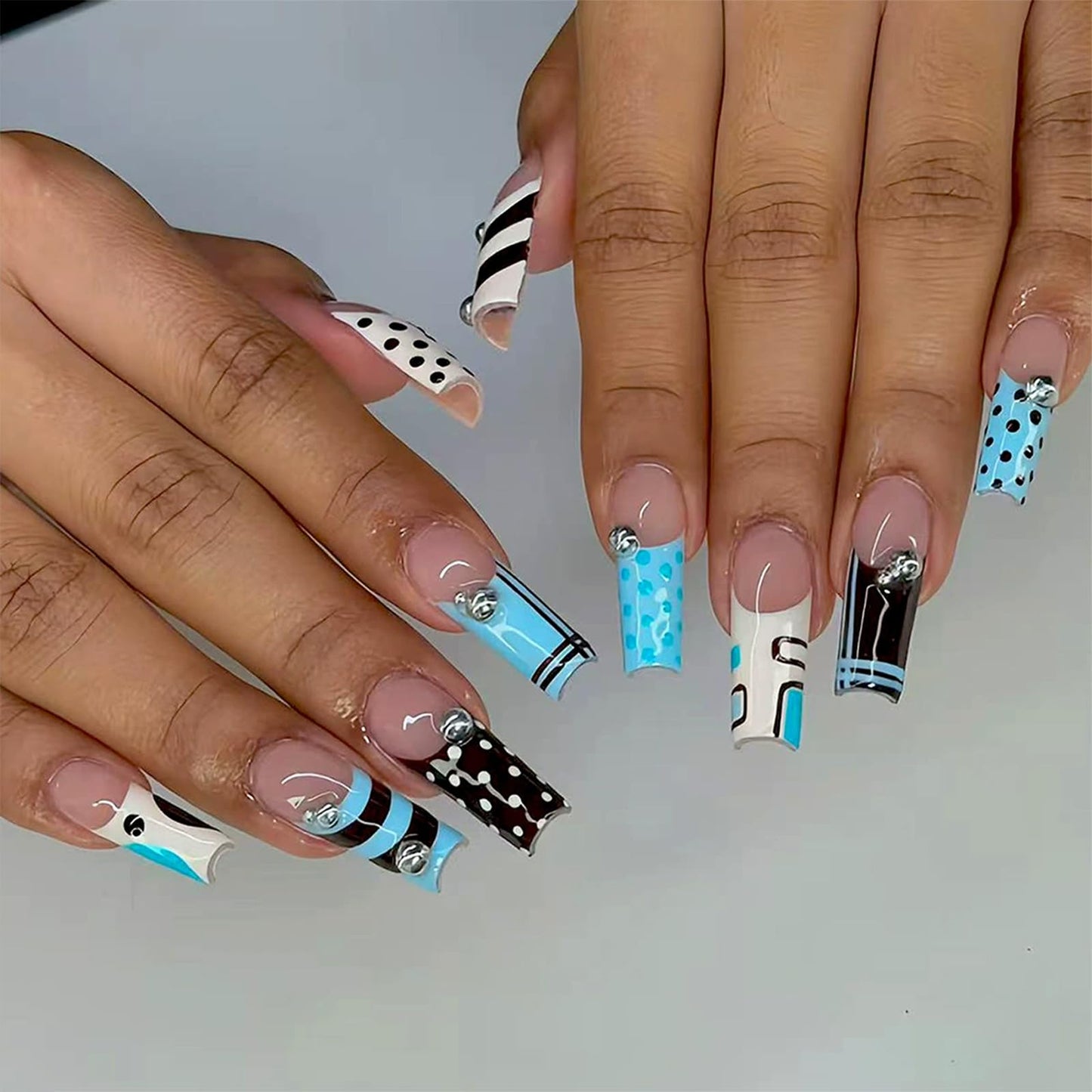 IMSOHOT Square Press on Nails, Long Fake Nails, Blue Geometric Polka Dot 3D Charm Design, 24 Pcs Reusable Glue on Nails for Women, Salon Quality