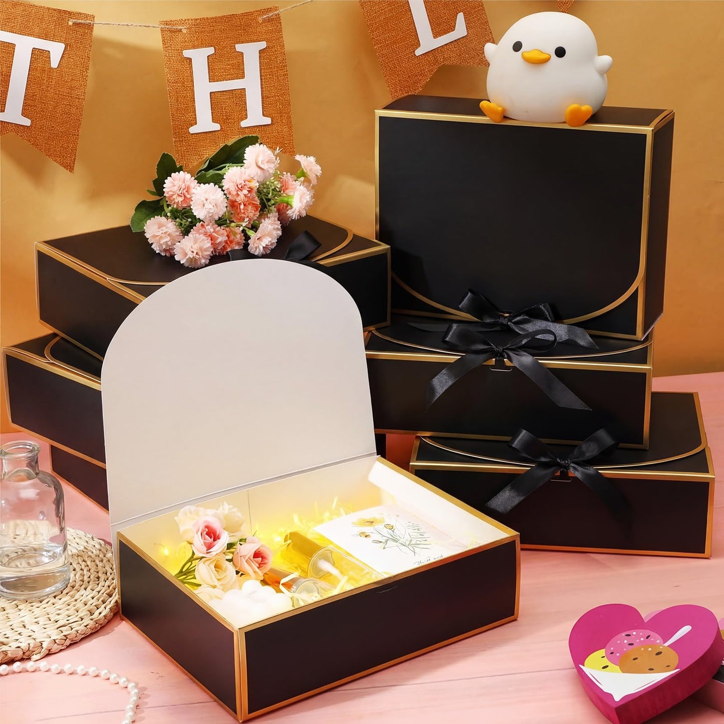 Jaloro 20 Pack Black Gift Boxes with Lids Bulk 10.6x7.8x3.1inch Black Gift Boxes with Gold Ribbons Bridesmaid Proposal Box for Presents, Wedding, Birthday, Valentine's Day, Baby Shower, Anniversary