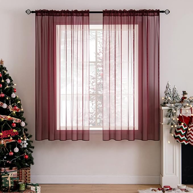 MIULEE 2 Panels Solid Color Sheer Christmas Window Curtains Elegant Window Voile Panels/Drapes/Treatment for Bedroom Living Room (54X63 Inches Wine Red)