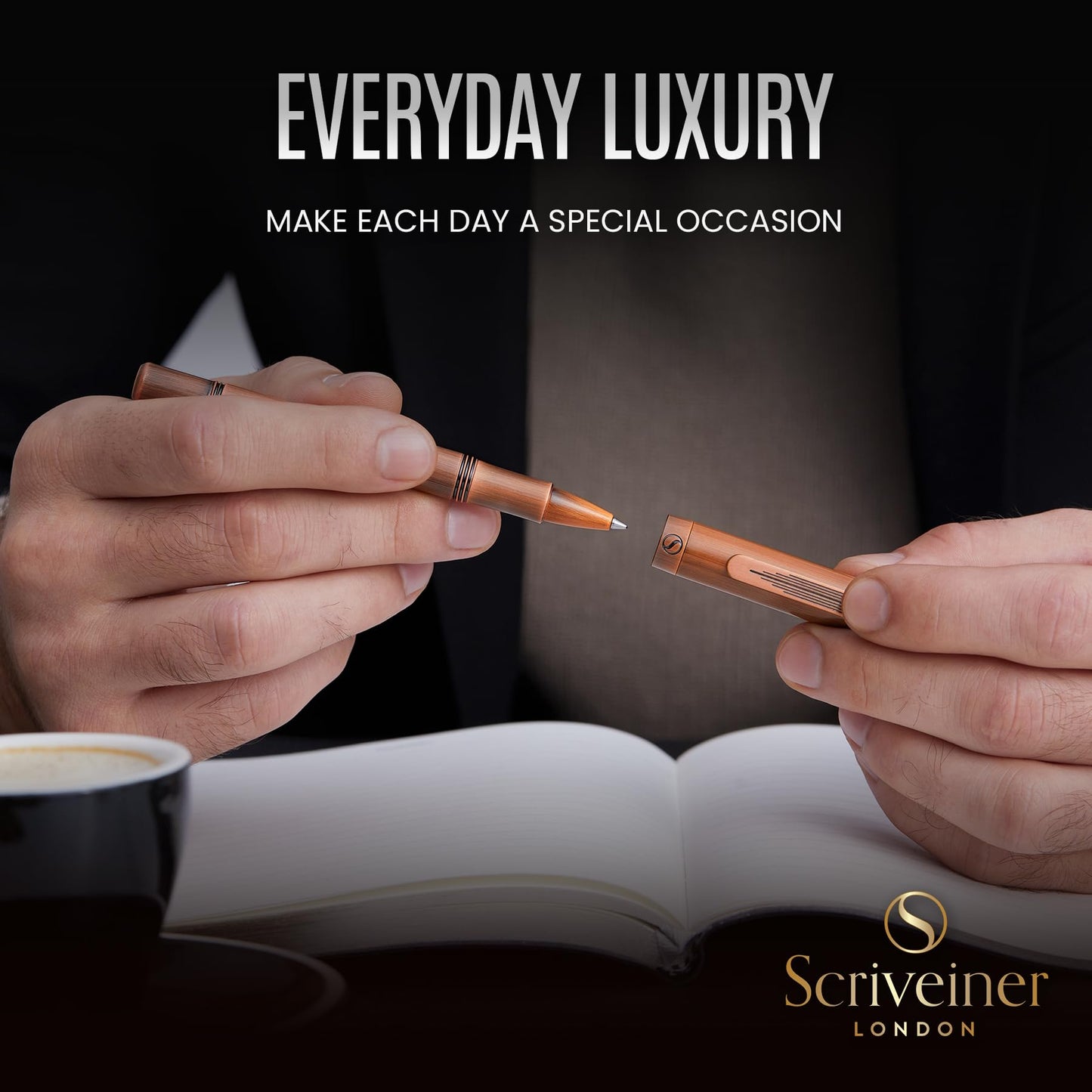 Scriveiner EDC Luxury Rollerball Pen, Stunning Heavy Pocket Pen, Hand Brushed Copper Finish, Cool Writing Pen, Best Pen Gift for Men, Women, German Schmidt Refill, Nice Fancy Office Designer Pen Set