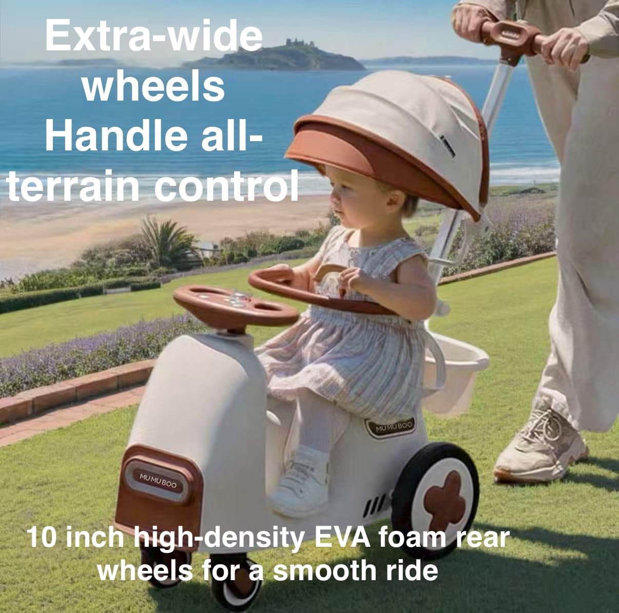 MUMUBOO 3-in-1 Push Ride-On Car Stroller with Automatic Rocking | Innovative Baby & Toddler Solution - No Batteries, No Charging, Just Push & Rock (Beige)