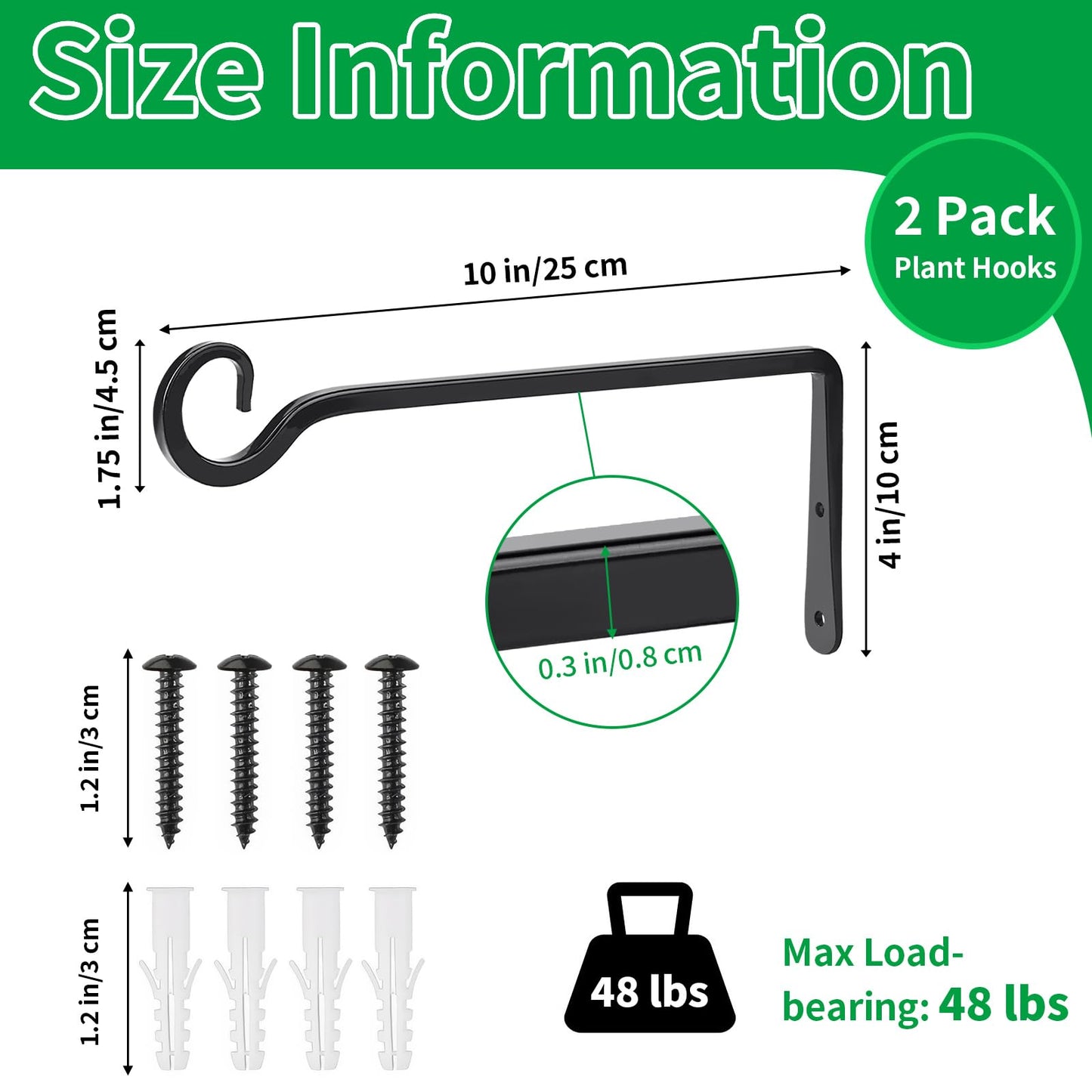 MOWPOG Metal Hanging Plant Hooks, 2 Pack 10 Inch Wall Hooks for Hanging Plants, Bird Feeder, Flower Basket, Wind Chimes, Indoor Outdoor (Black)