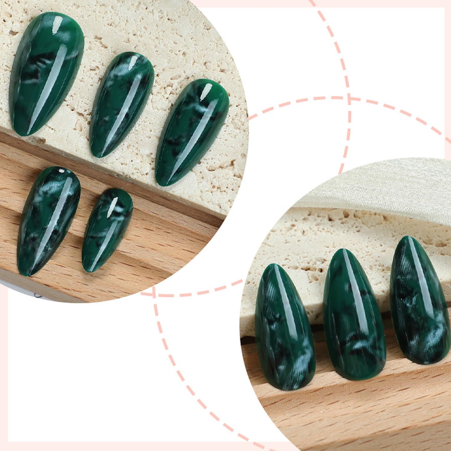 IMRAIN Press on Nails Medium Almond Fake Nails Green Ombre Marble False Nails Full Cover Glossy Artificial Reusable Acrylic Stick on Nails for Women Manicure Kit