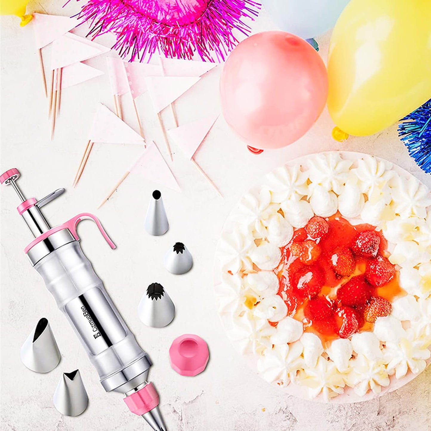 Dessert Decorating Syringe Set, Frosting Piping Kit icing piping kit 54 food-grade stainless steel piping nozzles for Baking, Decorating Cupcake, Deviled Eggs, Black (pink)