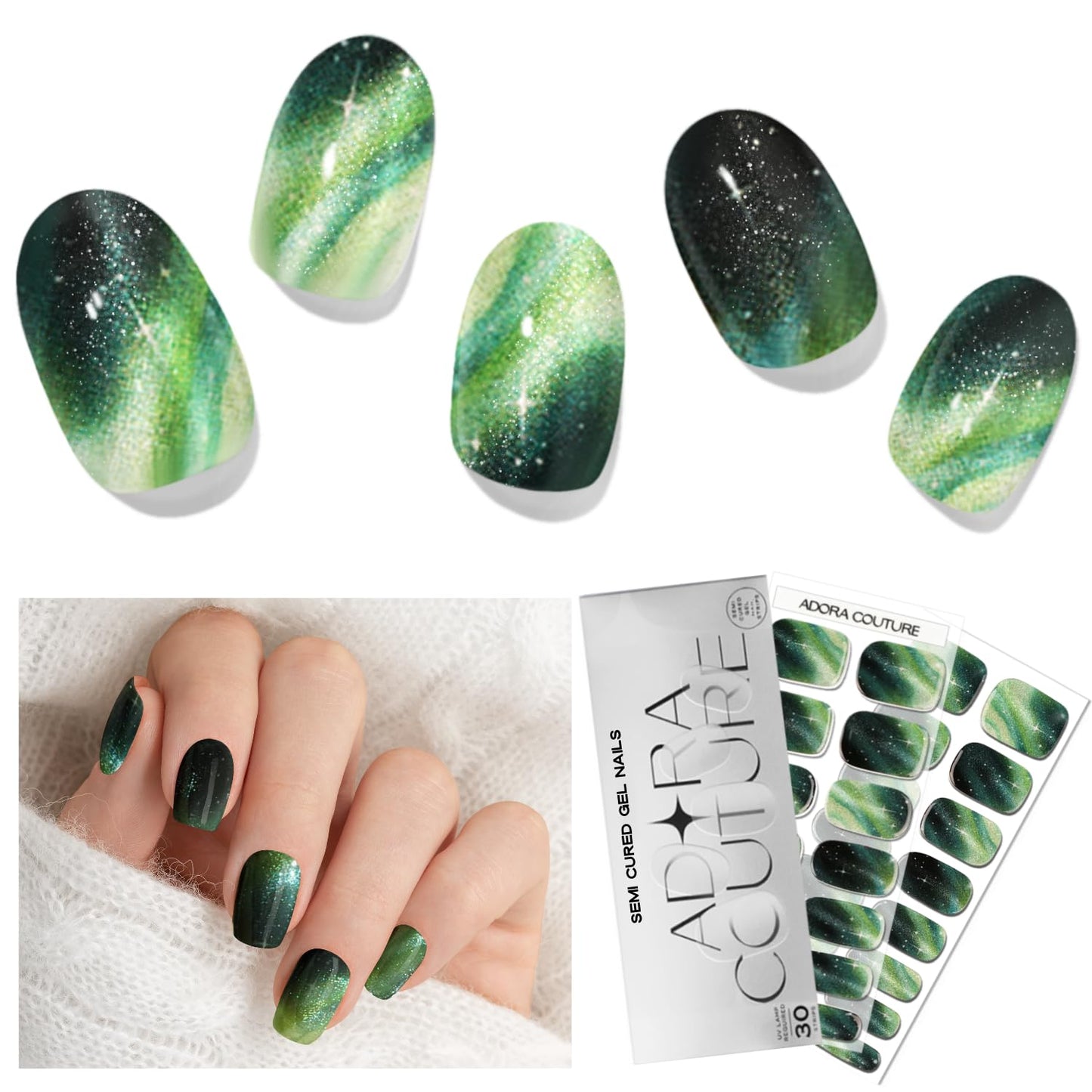 Adora Couture Semi-Cured Gel Nail Strips - 30 Salon-Quality Stickers with UV Light Required, Long Lasting, Easy Application & Removal, Includes Prep Pads, Nail File, Wooden Stick (Green Velvet)