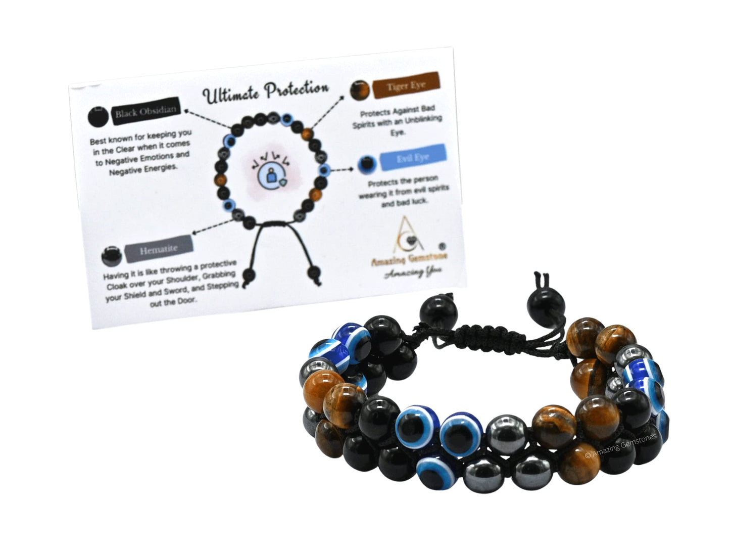 Amazing Gemstone Evil Eye Ultimate Protection Bracelet - Multi Triple Protection Bracelet unisex - Hematite, Tiger Eye, Black Obsidian Bracelet Set Healing Stones Pulseras Para Hombres Mujer
