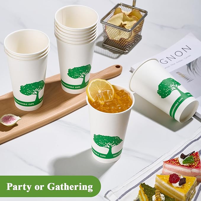 Vplus 240 Pack Compostable Paper Cups, 16 oz Paper Coffee Cups, Biodegradable Disposable Paper Cups, Eco-friendly Hot Drinking Cups for Party, Picnic,and Events