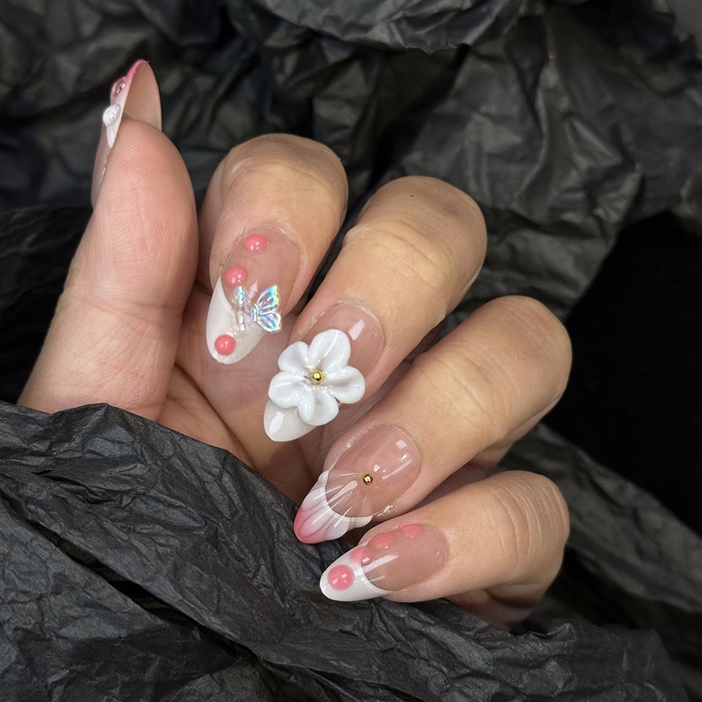Flower Press on Nails Medium Almond Handmade Fake Nails Pink White Gradient French Tip Acrylic Nails Thick and Muti-Layer Gel False Nails 3D Floral Butterfly Design Nails DIY Art for Women (Size M)