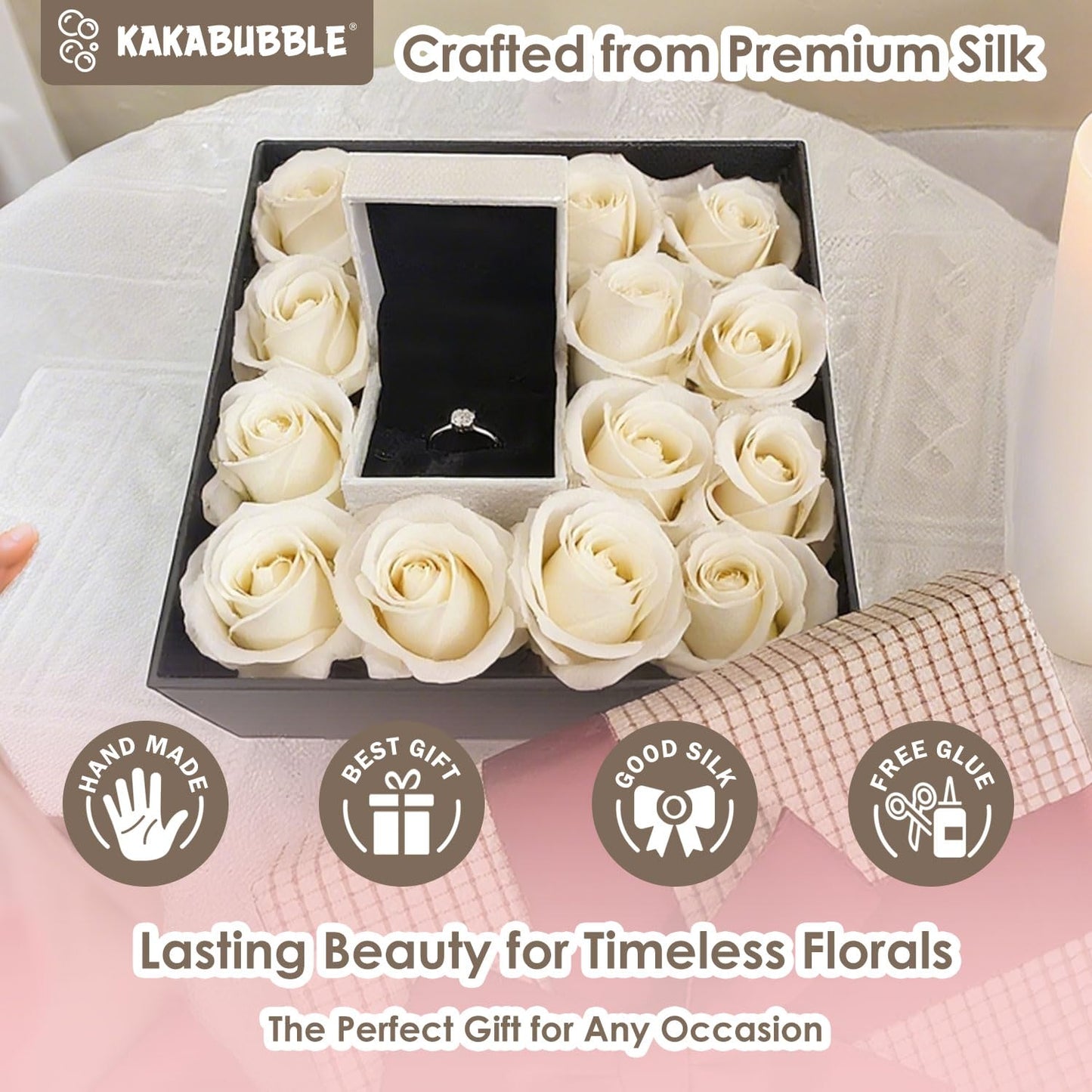 KAKABUBBLE 300PCS DIY Rose Petal Kit with Glue Gun, Sticks & Leafy Stems | Half-Finished Satin Ribbon Flower Craft Set | for Wedding, Anniversary, Birthday Bouquets (Cream White)