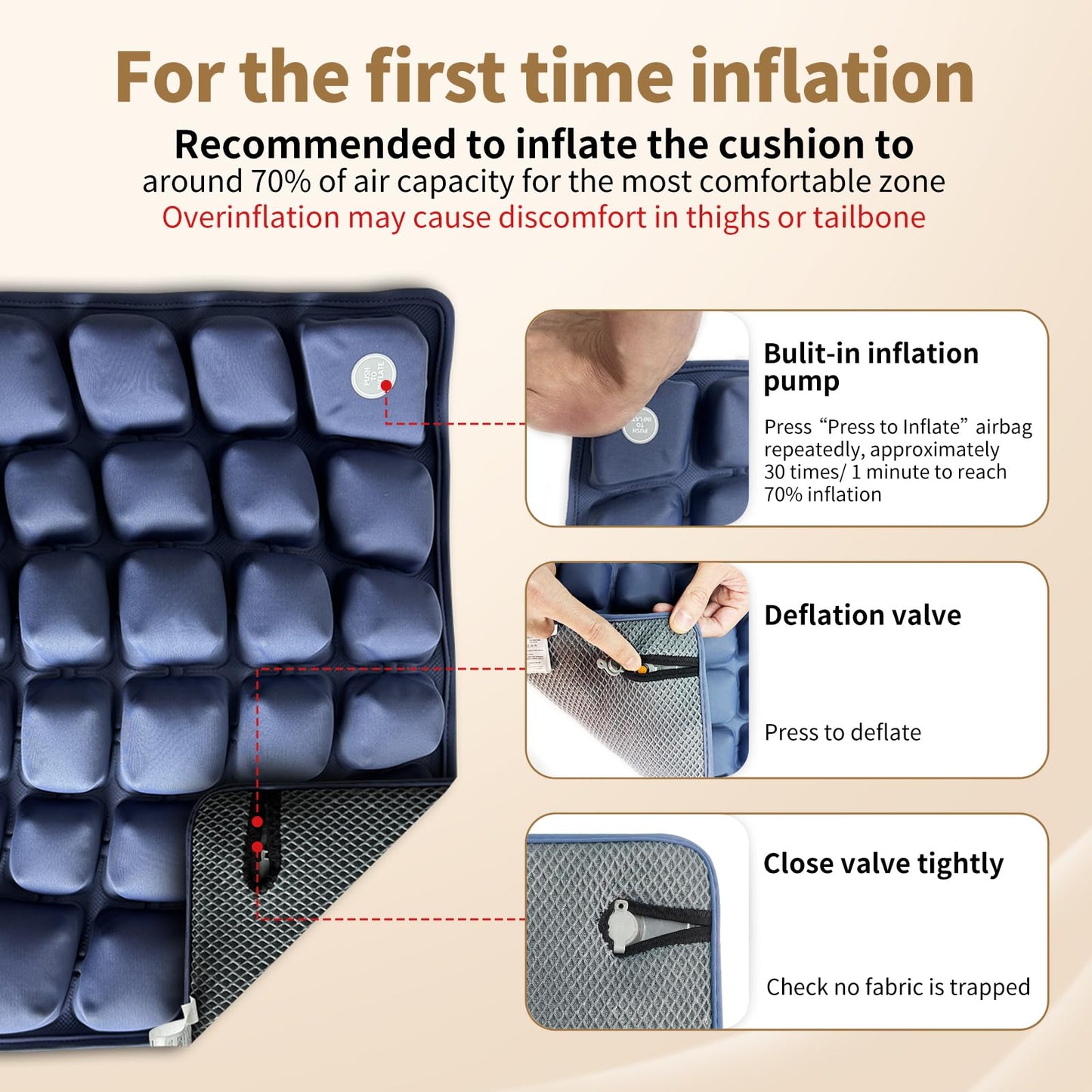 ANMSVI Inflatable Seat Cushion with Built-in Pump for Airplane Travel, Car & Office Chair - Portable Air Pad for Sciatica, Coccyx & Tailbone Pain Relief - 3D Air Cell Support for Long Sitting, 0.8lbs
