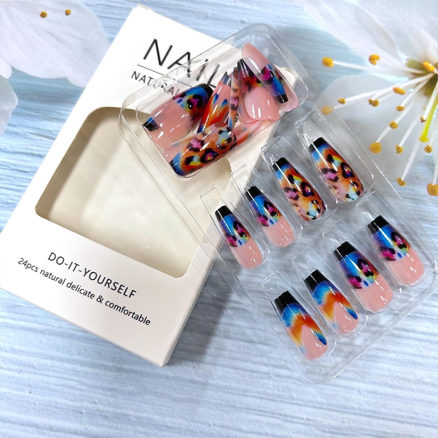 Leopard Press on Nails Long Leng Ballet Shaped Black French Tip Acrylic Fake Nail Colorful Leopard Pattern Design Flash Artificial Fingernails Full Cover Glossy Press Ons Glue on Nails for Women