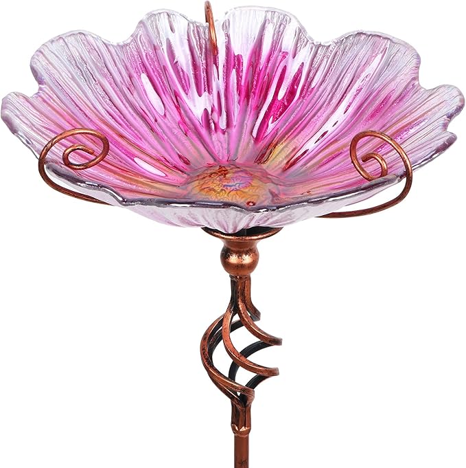 MUMTOP Glass Birdbath Birdfeeder with Metal Stake Garden Yard Outdoor Pink