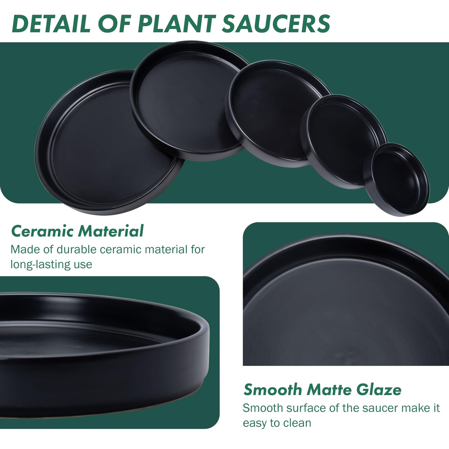 D'vine Dev Modern Round 7.1 Inch Ceramic Plant Pot Saucer, Planter Pot Drainage Tray for Indoor Plants, Matte Black, 97-T-B-3