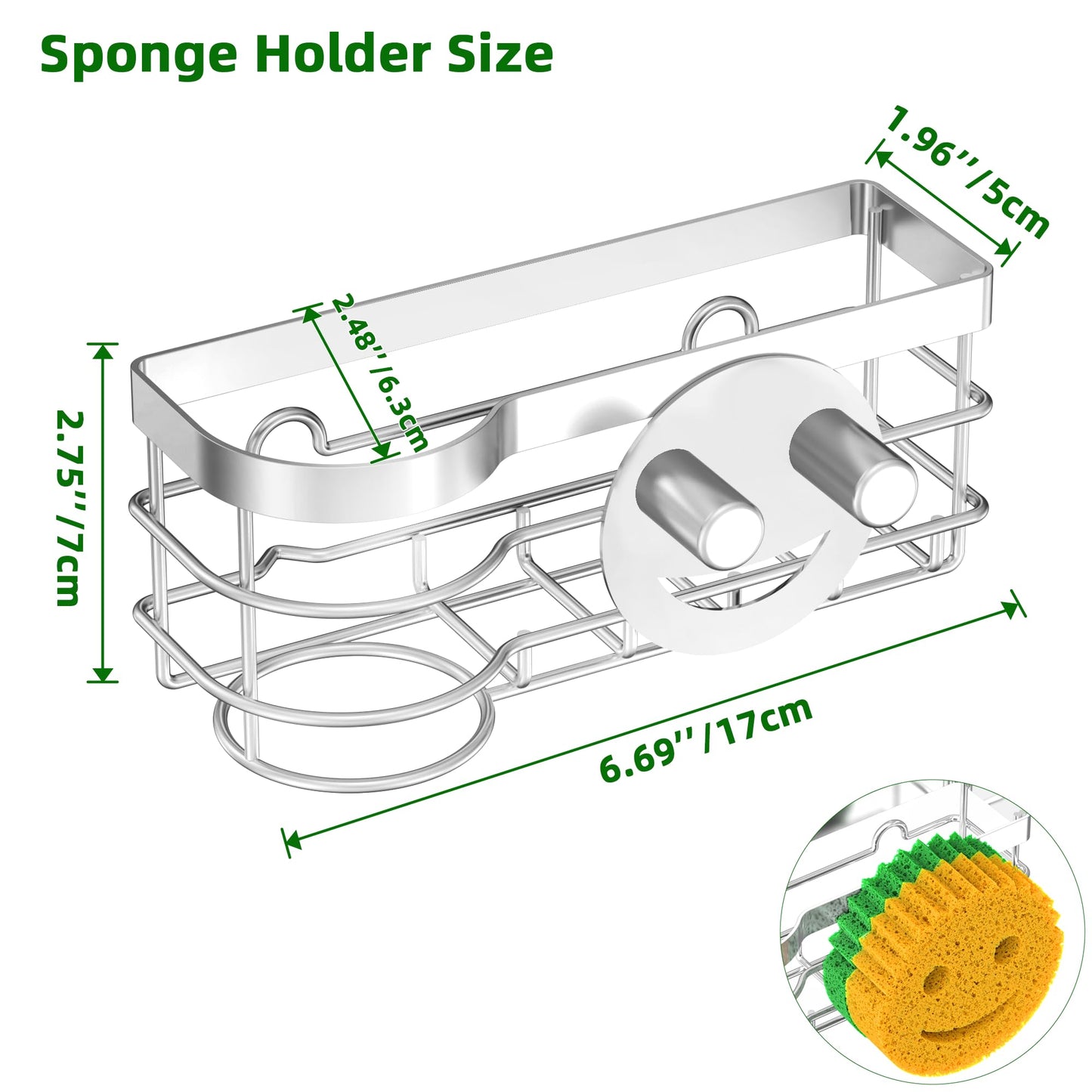 Cisily Smiley Sponge Holder for Kitchen Sink Caddy, Stainless Steel Movable Brush Holder Dish Cloth Hanger, Suction Cup Sink Caddy Organizer Scrubber Accessories (Silver)