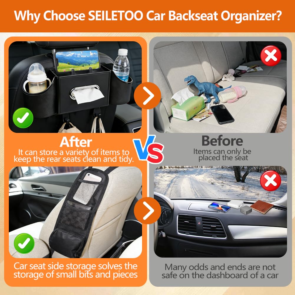 SEILETOO Back Seat Car Organizer with Car Seat Storage Hanging Bag, 4 in 1 Multifunctional Car Seat Back Storage Box, Car Organizer Back Seat with Tray, Hold Phone,Snacks, Drinks, Handbag