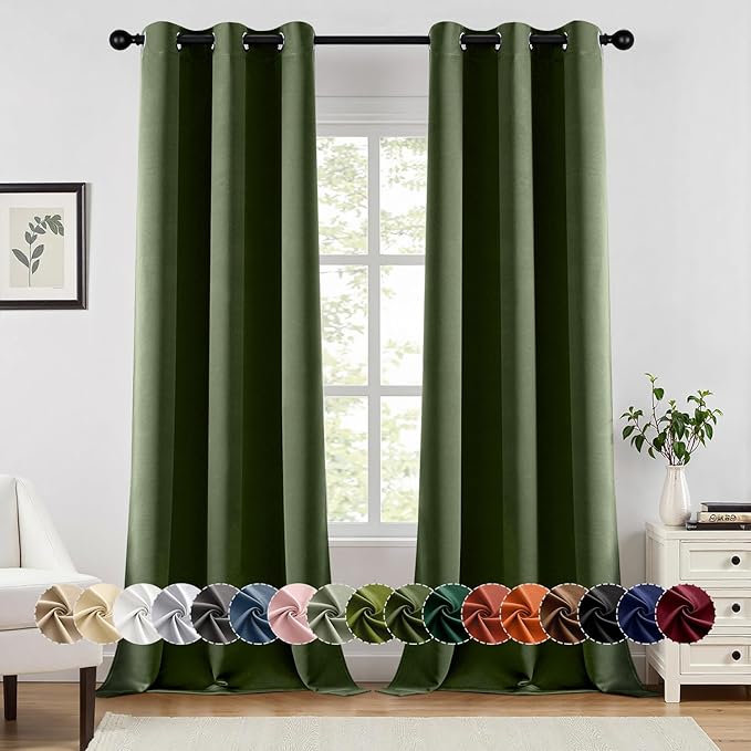 MIULEE Olive Green Blackout Curtains for Bedroom Living Room 96 Inches Long 2 Panels, Thermal Insulated Room Darkening Drapes Solid Grommet Top Noise Reducing Dark Green Window Treatments 40x96 Inch