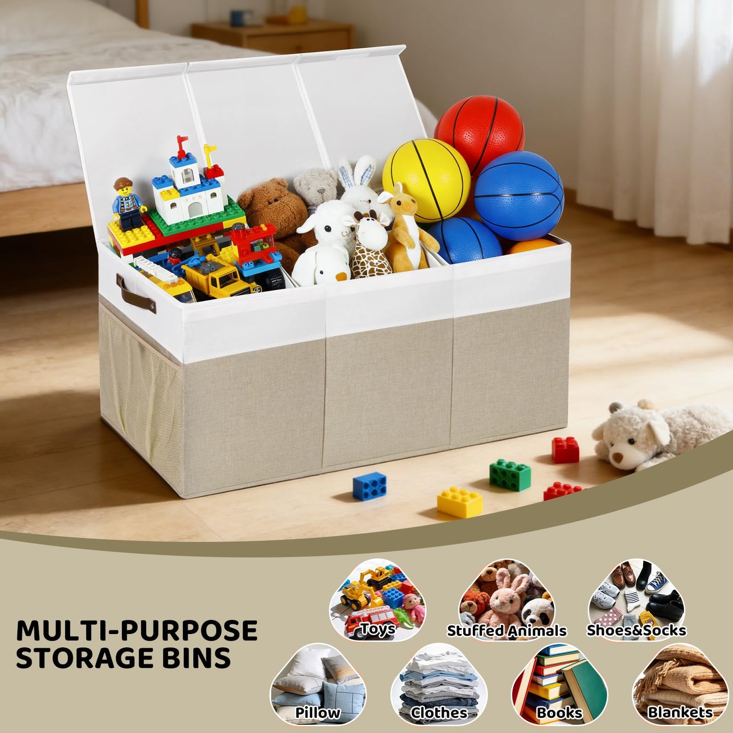 ISEMINGLA Extra Large Foldable Toy Chest with Lid,Collapsible Kids Toy Storage Box Organizer,Large Fabric Storage Bin for Nursery Playroom Bedroom Living Room,40”x18”x14”,White & Beige