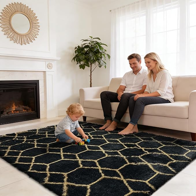Shag Area Rug for Bedroom 4x6,Fluffy Area Rugs for Living Room,Geometric Soft Fuzzy Rug Non-Shedding Indoor Plush Carpet for Kids Bedroom Nursery Dorm Home Chiristmas,Black and Gold