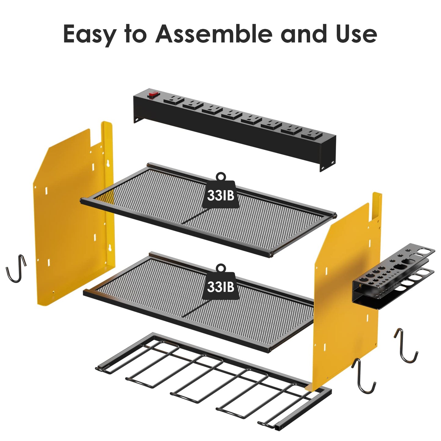 CCCEI Modular Power Tool Organizer Wall Mount with Charging Station. Garage Drill Storage Shelf with Hooks, Heavy Duty Rack, Tool Battery Holder Built in 8 Outlet. Gift for Men. Yellow, 1 Pack.