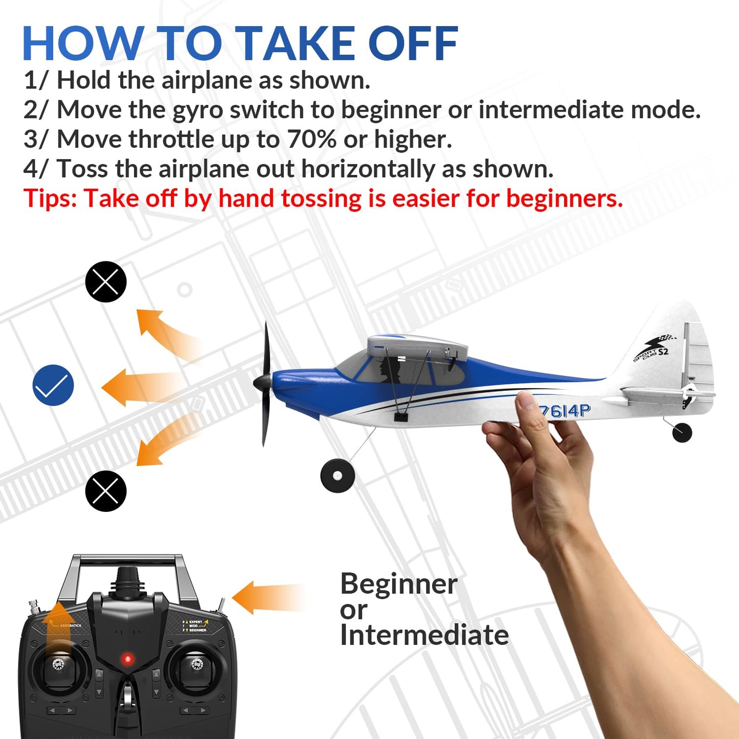 RCSHOBBY RC Plane Sport Cub 500 S2 RC Airplane RTF 4 CH Remote Control Airplane with Gyro Stabilization System& One Key Aerobatic, Ready to Fly for Beginners,Adults
