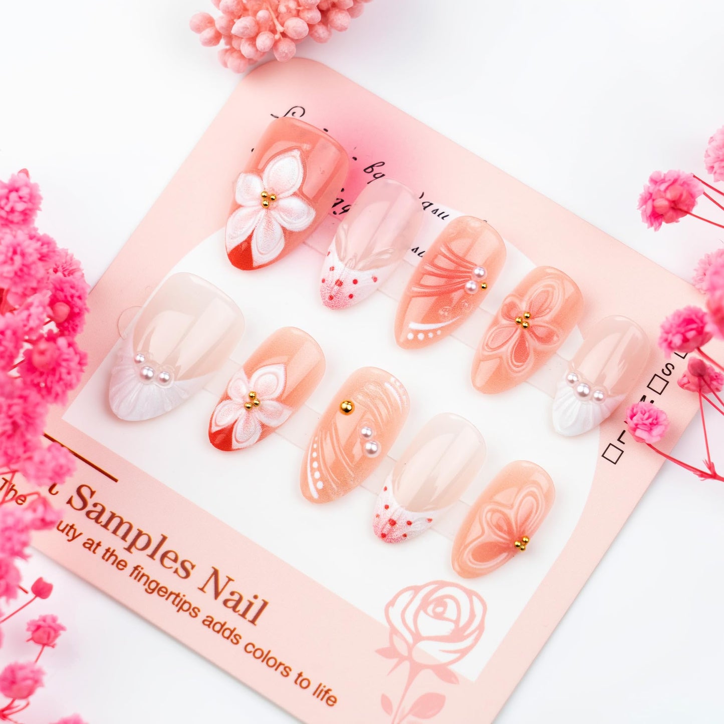 plalely Long Press on Nails Almond, Acrylic Press on Nails with Flower Designs, Long Almond Nail Tips for Women 24pcs