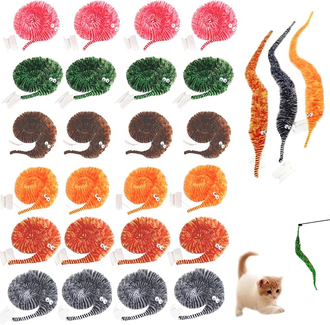 KuuGuu 24 PCS Cat Worm Toy Zebra Print Feather Worm Teaser Refills Attachment Cute Cat Wand Replacement Interactive Wand Accessories for Fishing Pole Toy Teaser for Indoor Cats Kitten