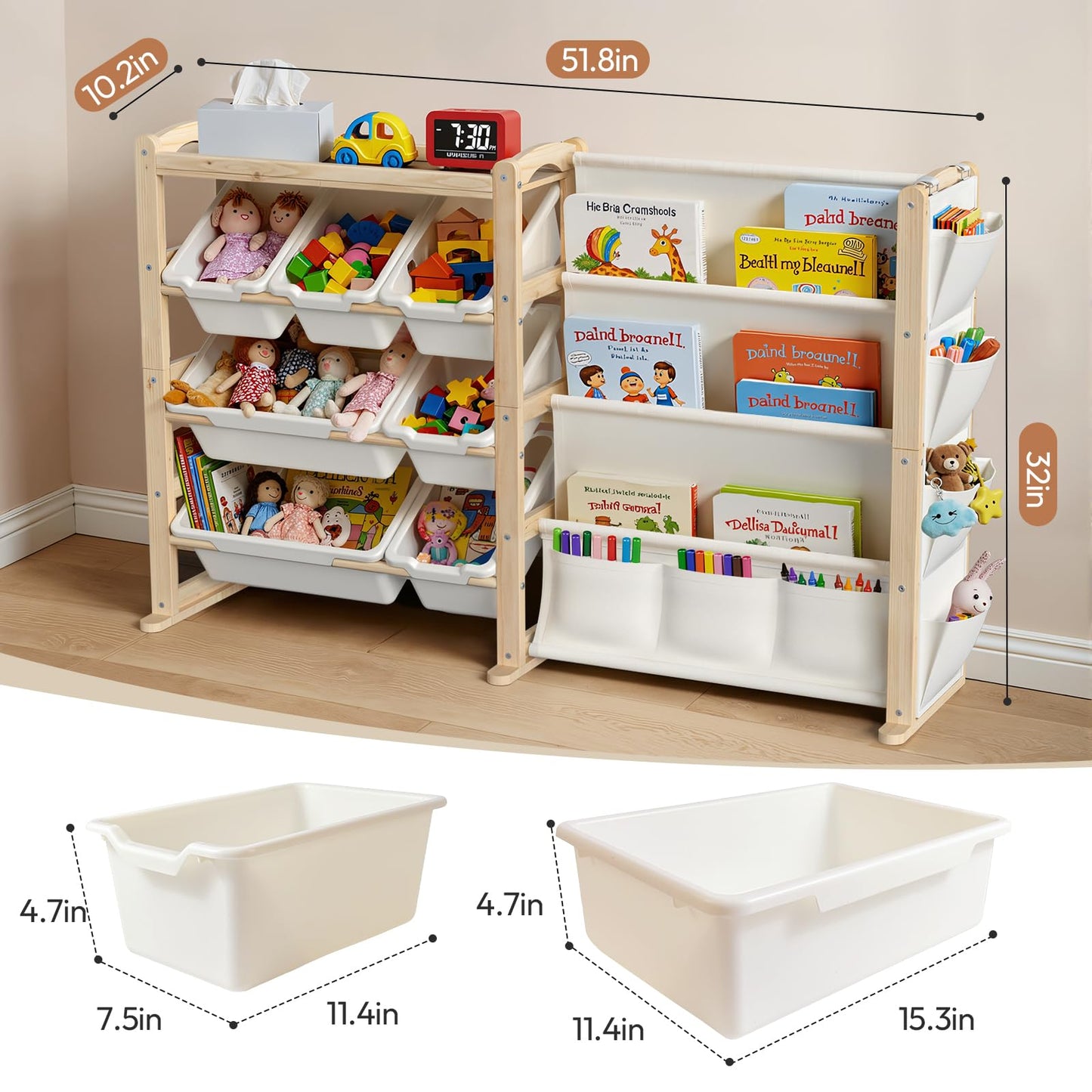 Fodoss Book Shelf for Kids Rooms - Toy Storage Organizer with Bookshelf, Solid Wood Kids Bookshelf with 7 Bins, Side Storage Pockets, Large Toy Organization for Nursery, Natural Pine