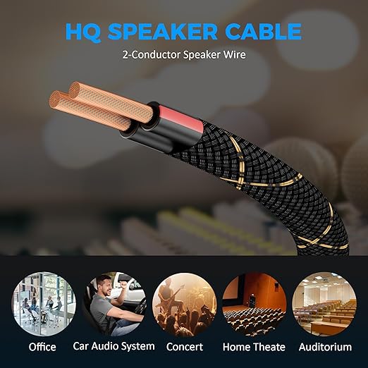 16/2 Speaker Wire 35 Feet, 16AWG Gauge Speaker Cable, Direct Burial, Durable Nylon Braided, in Wall, 2 Conductors, OFC Oxygen-Free Copper, for Car Audio Stereos, Home Theater, Surround Sound, Radio