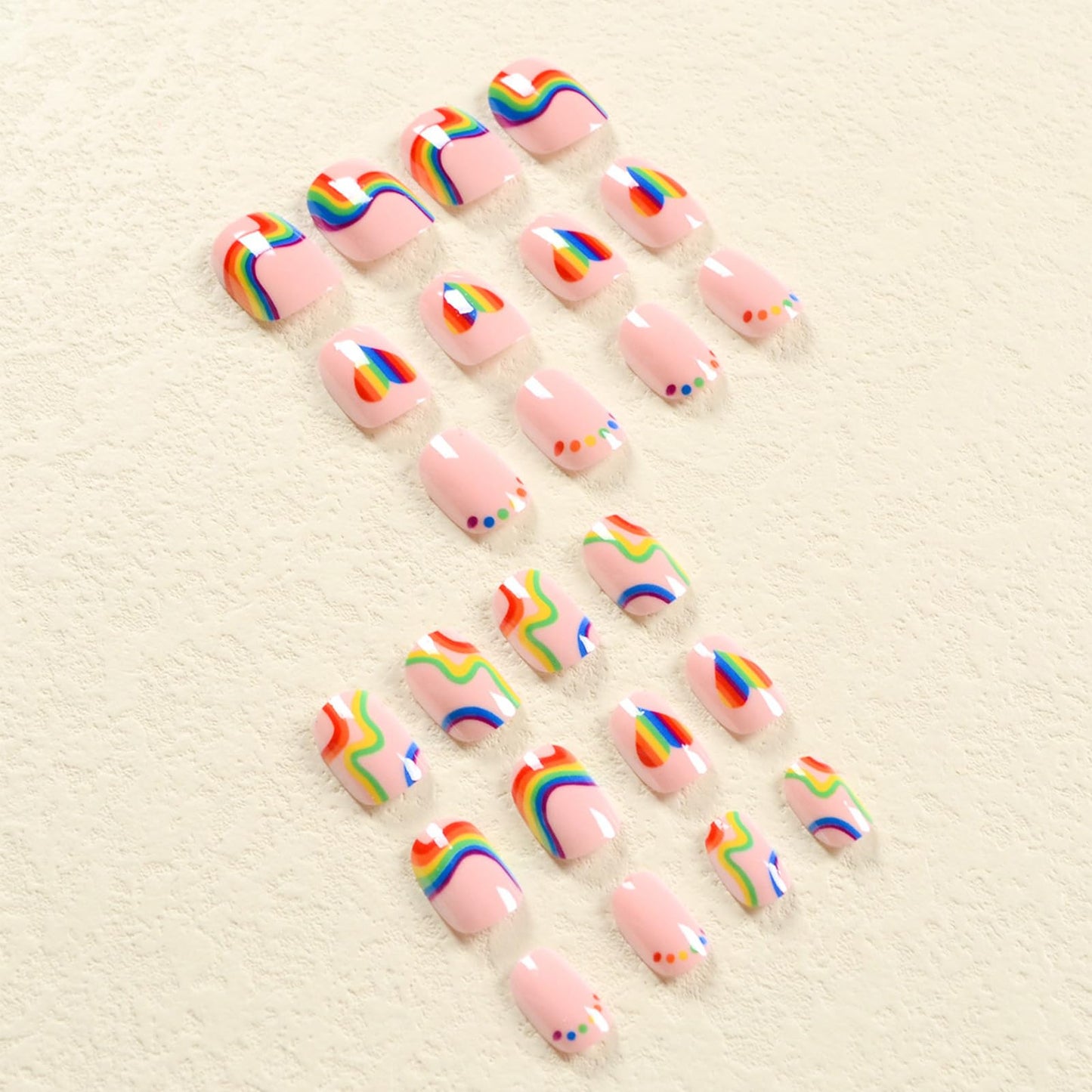 Rainbow Stripe Press on Nails Short Square Fake Nails with Colorful Heart Polka Dot Design Summer Press on False Nails Glossy Stick on Nail Reusable Artificial Glue on Nail for Women 24Pcs