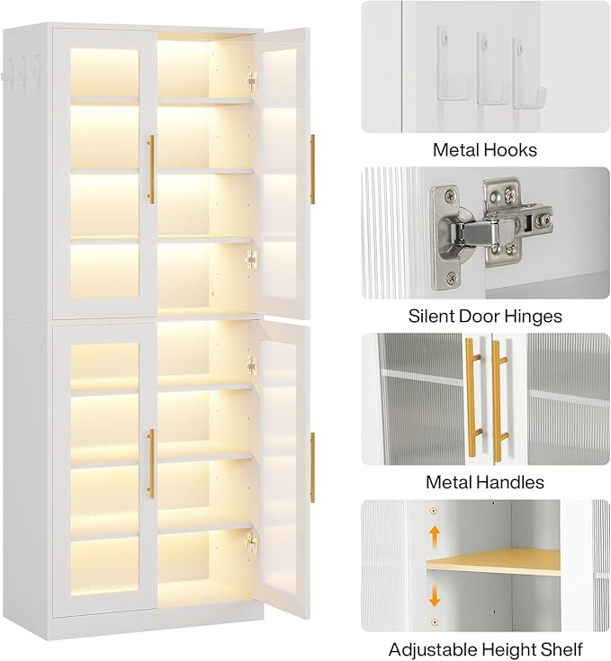 Tribesigns Tall Shoe Storage Cabinet with Acrylic Doors and LED Lights, 8-Tier Entryway Shoe Organizer Rack with Adjustable Shelves and Hanging Hooks for Narrow Closet, Hallway, Living Room, White
