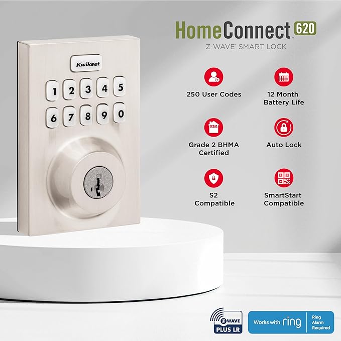 Kwikset HomeConnect 620 Z-Wave Long Range Enabled Keypad Smart Lock Convenient Keyless Entry, Customizable User Codes, Ring Alarm Compatible, Hub Required, Sold Separately Matte Black Contemporary
