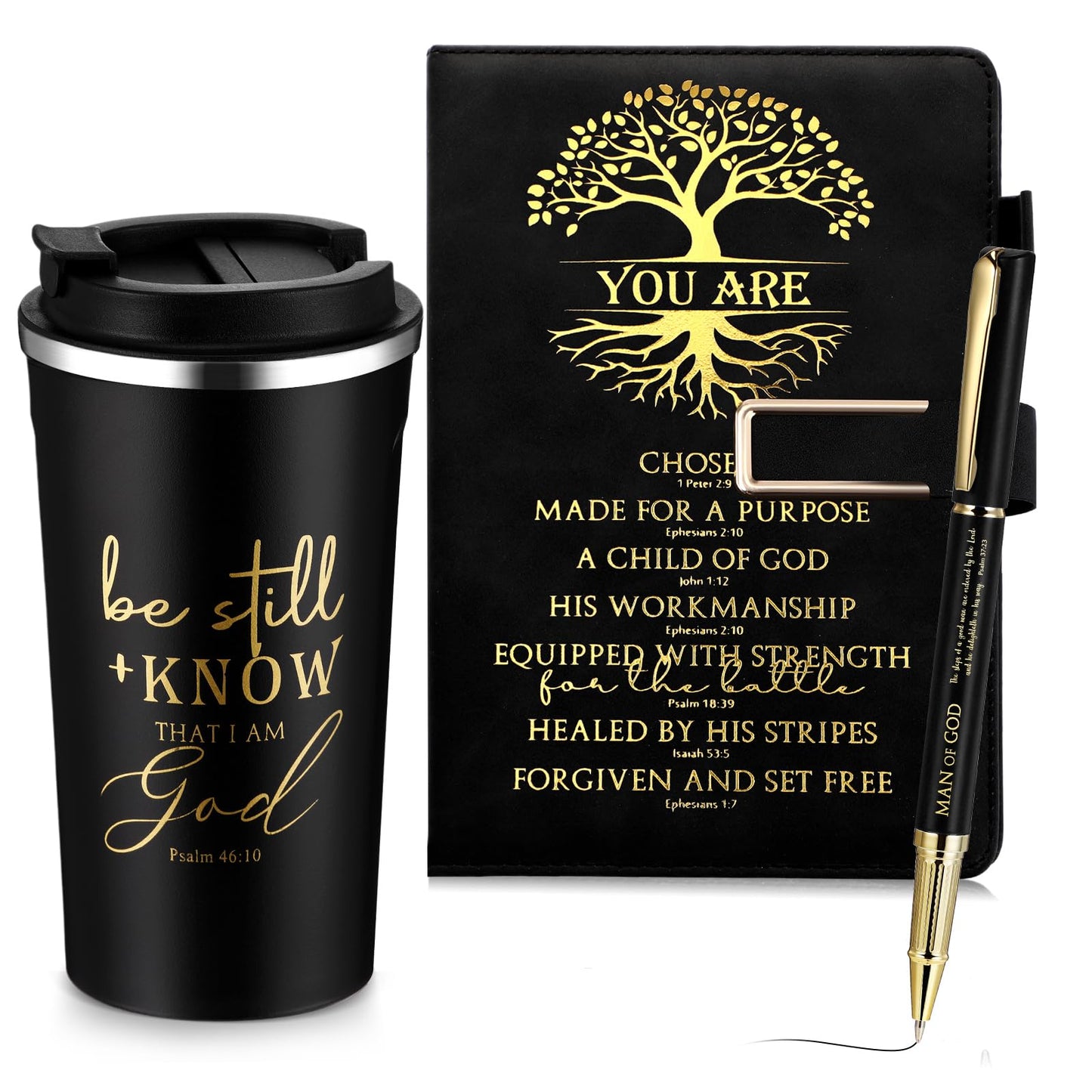 Pickmesh 3Pcs Fathers Day Christian Gift for Men Man of God Prayer Leather Journal with Pen Coffee Cup Bible Study Kit for Graduation Birthday Coworker Pastor Church(Be Still & Know,Black)