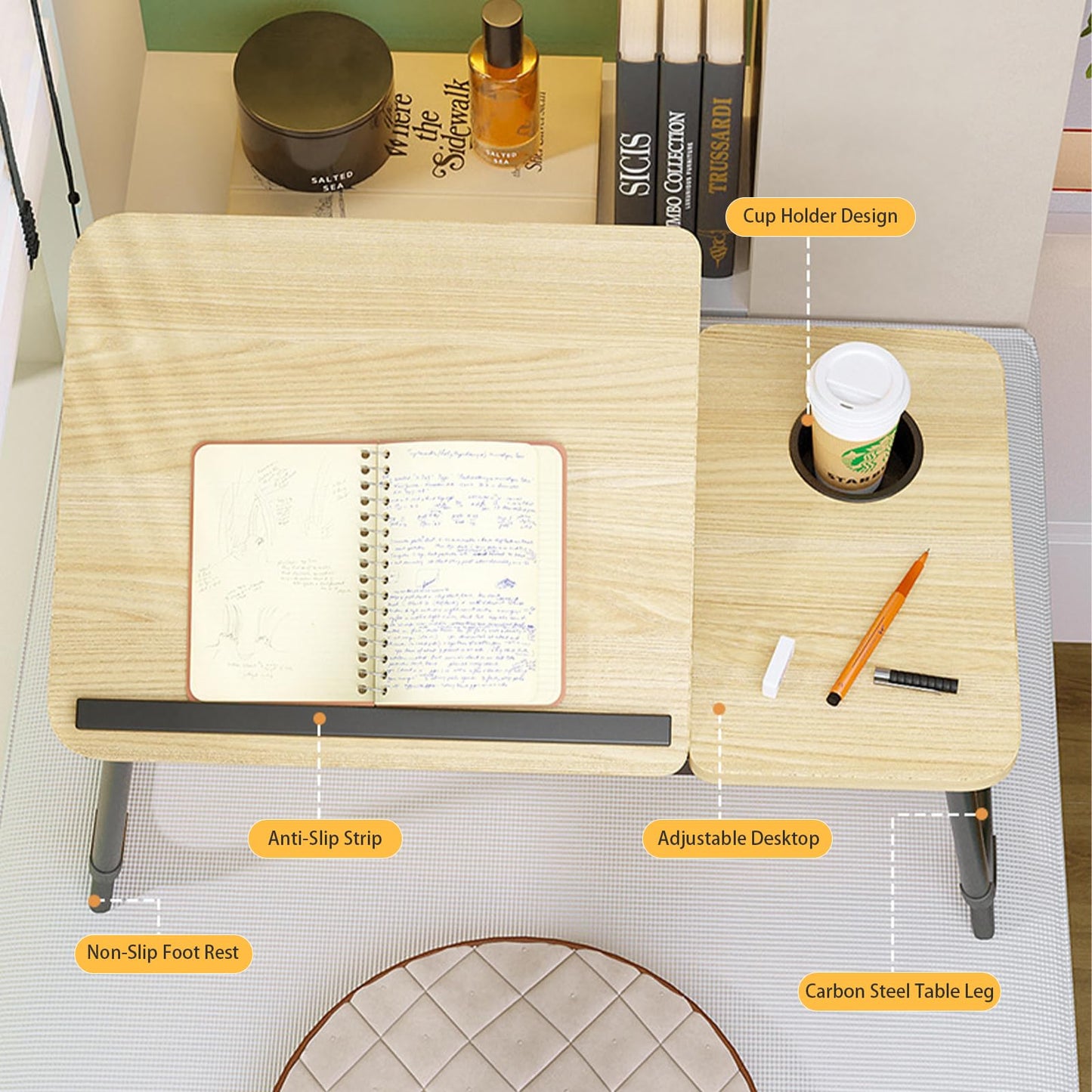 Adjustable Laptop Desk for Bed, 5-Angle Adjustable Lap Tray Table with Cup Holder, Portable Foldable Bed Desk for Eating, Working, Writing & Reading (Yellow)