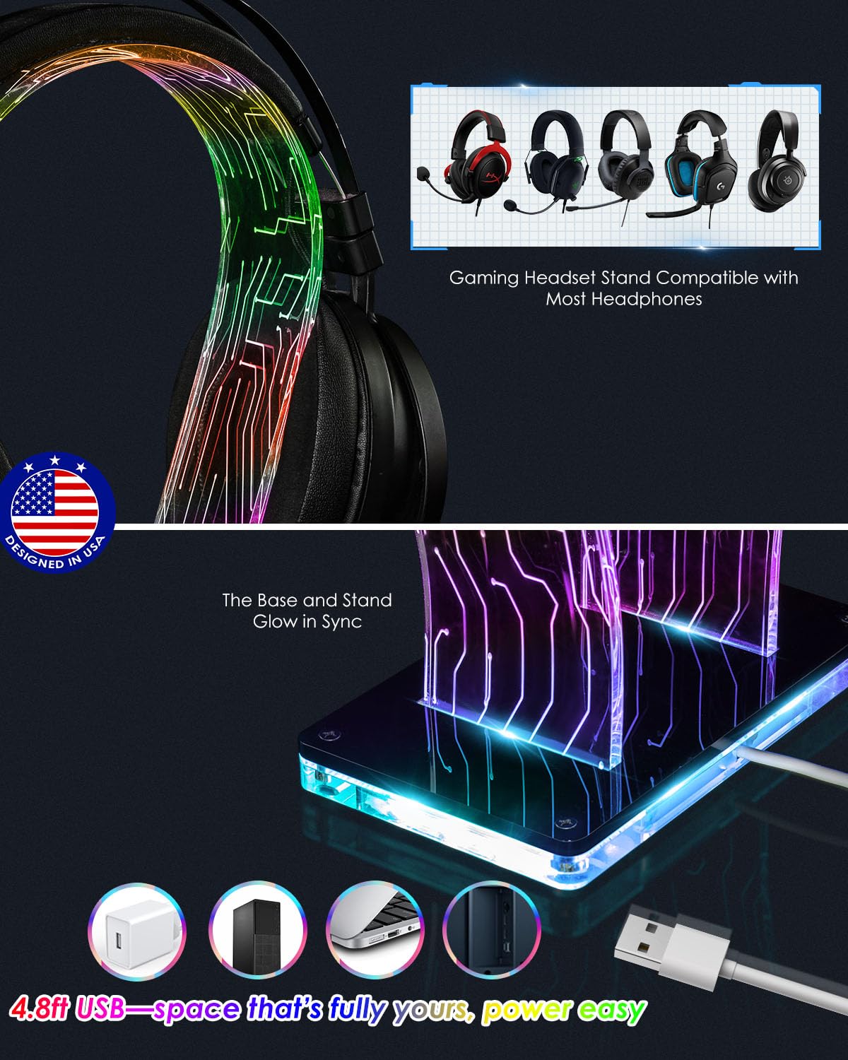 OAPRIRE Acrylic RGB Headphone Stand | Customizable 213 Lighting Modes & 60,000 Colors, Lights Sync with Music Beat, Headset Stand with 4.8ft USB Power Cable & Sturdy Build