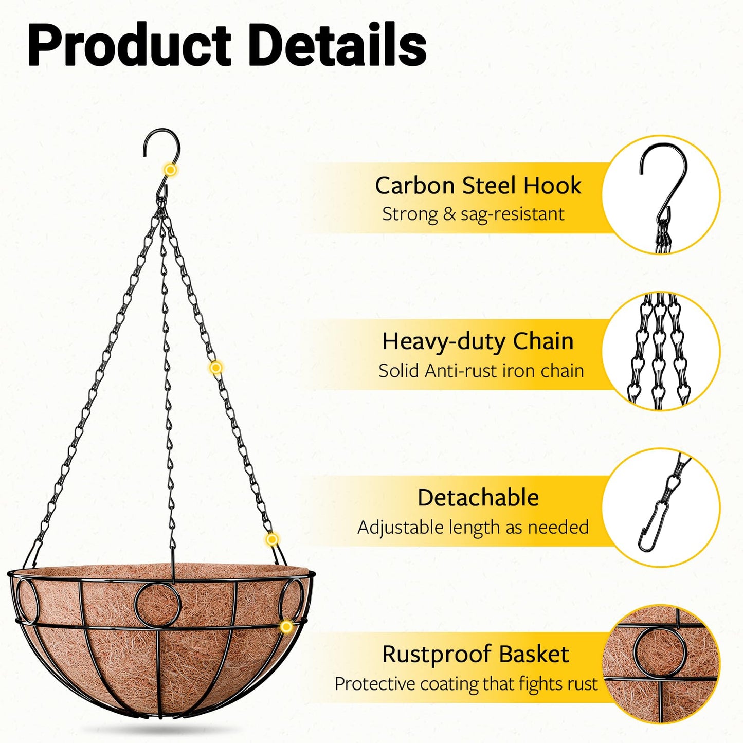 ZeeDix 16 Inch Large Hanging Baskets for Plants Outdoor, 2 Pack Round Metal Wire Planter Basket with Coco Coir Liner, Hanging Flower Pots for Garden Yard Patio Porch Balcony Decor