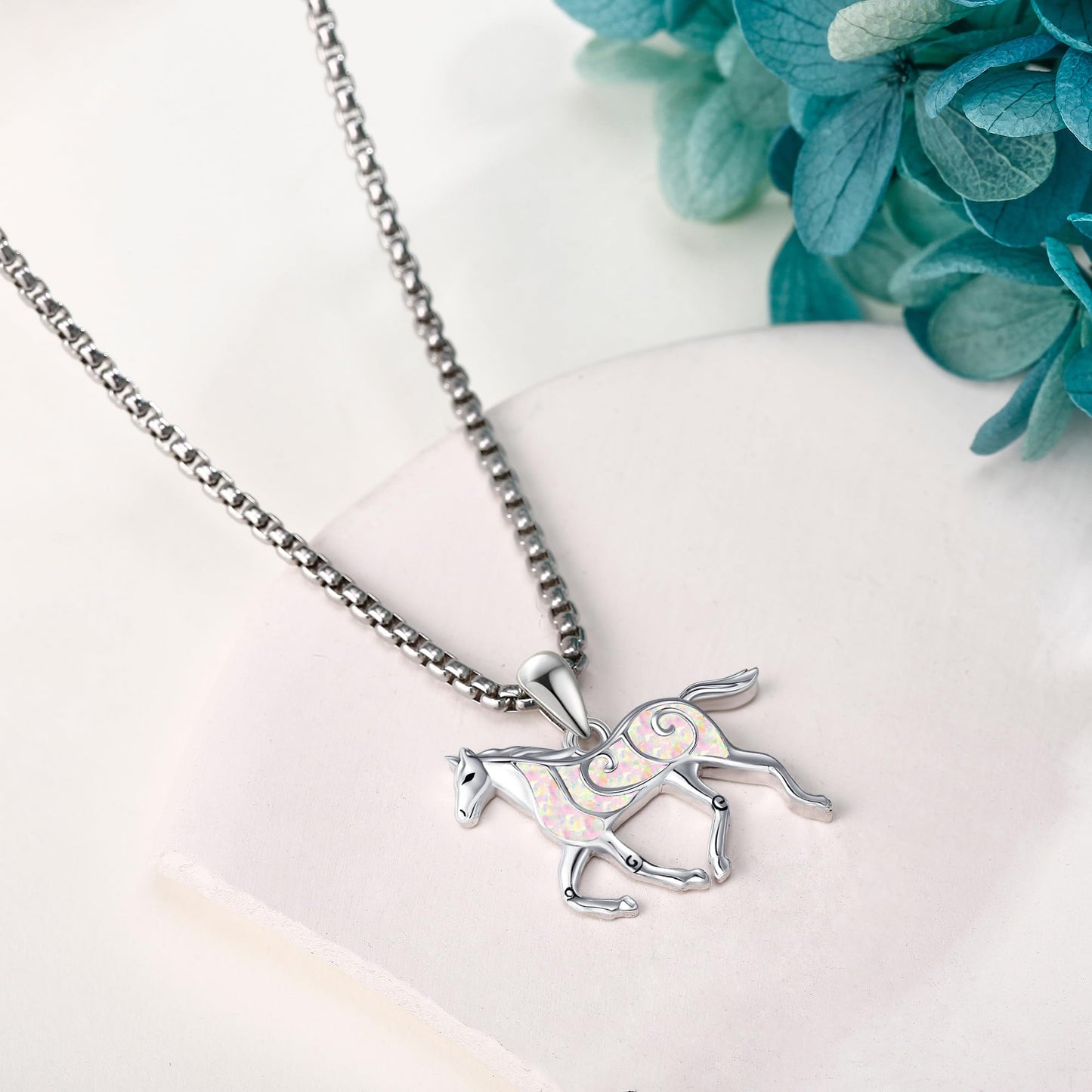 HKPATOP Horse Necklace for Women 925 Sterling Silver Horse Pendant with Opal Animal Jewelry for Animal Lover