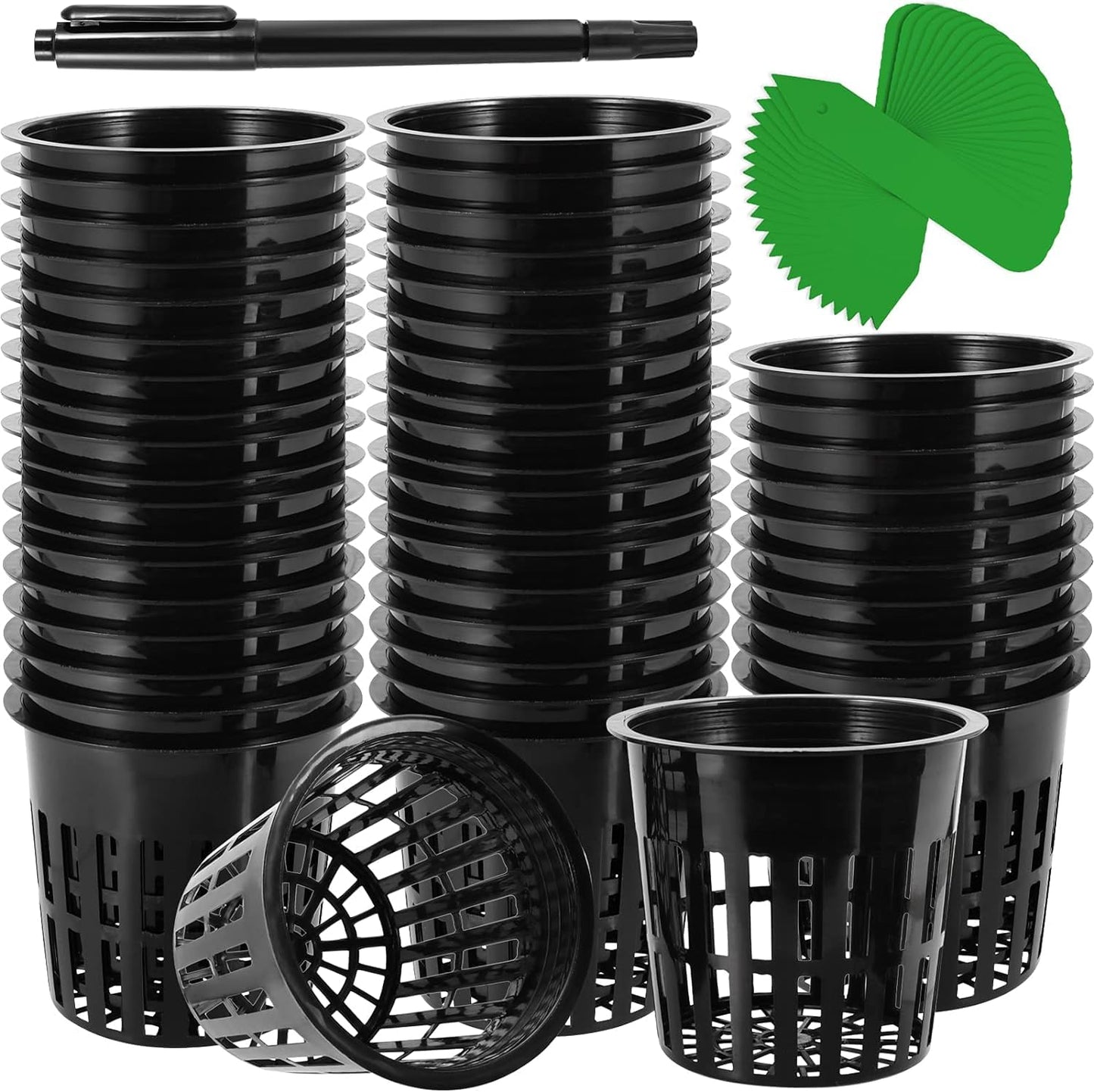 MUKLEI 50 Pack 4 Inch Plastic Net Cups, Hydroponic Cups Mesh Pots with Pen and 50pcs Plant Labels Slotted Mesh Cup Plant Net Cups Wide Lip Bucket Baskets for Indoor or Outdoor Growing