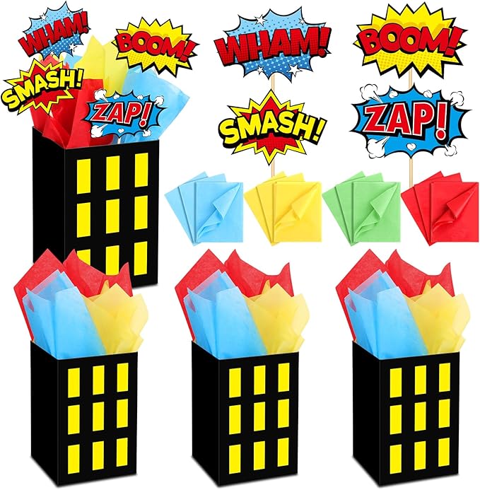 12 Sets Hero Theme Party Decoration Hero Boxes Centerpiece (7.9 x 5.1 x 5.1 Inch) Sticks with Tissue Paper Standing Cards Birthday Baby Shower Party Supplies (Yellow)