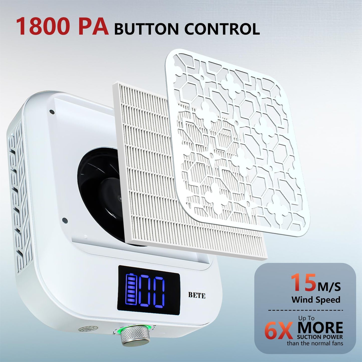 BETE Cordless Nail Dust Collector, 1800PA Powerful & Quiet Suction for Acrylic Nails Polishing, Rechargeable 6600mAh Battery with LED Display & Adjustable Speed, Perfect for Salon and Home Use, White